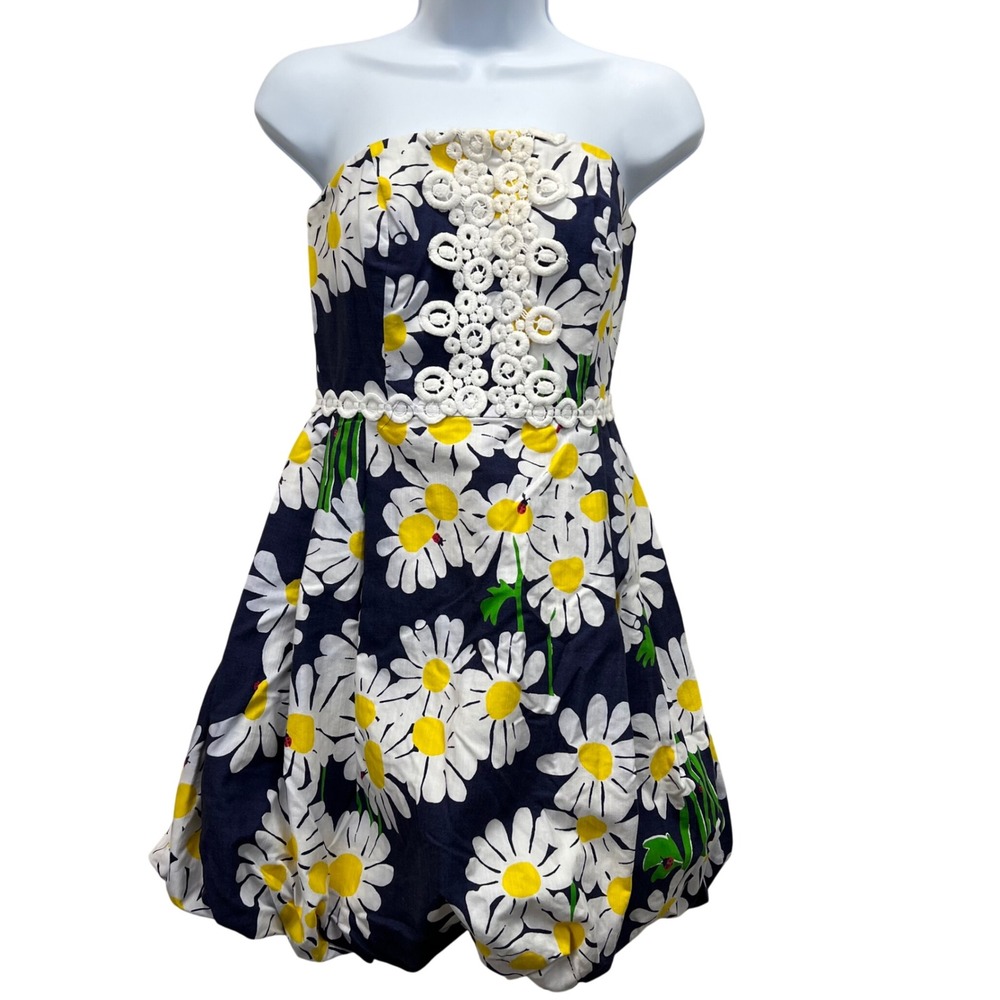 Lilly Pulitzer Original Look Lady Navy Daisy Strapless Ladybug Bubble Dress Sz 2